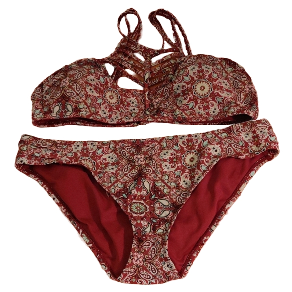 ISLAND SOUL 2 PC MAROON FLORAL BIKINI BATHING SUIT SZ XL